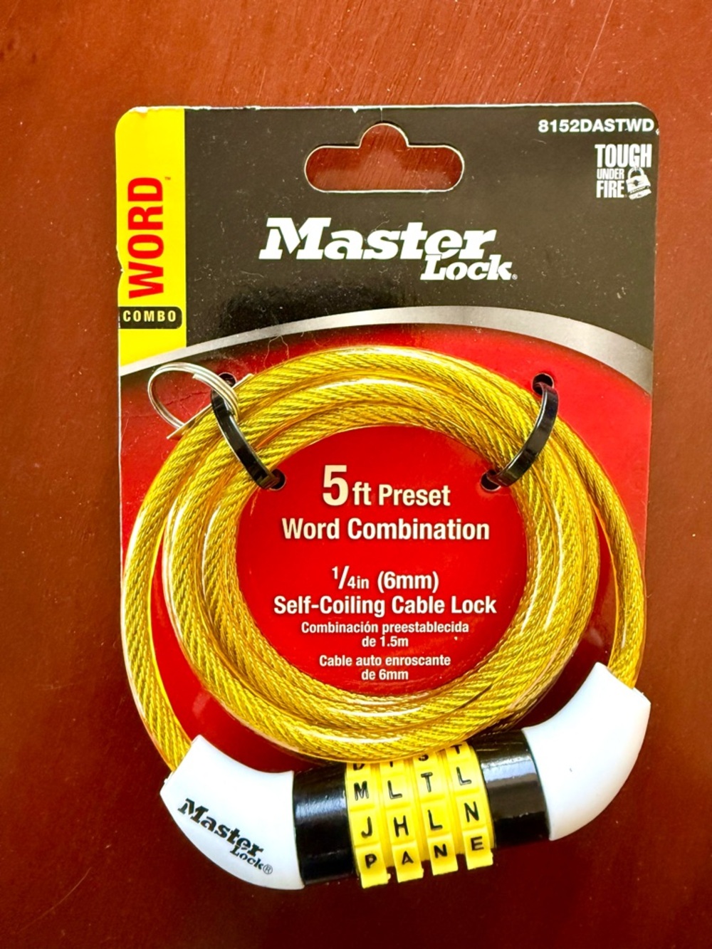 NWT Master Lock 5ft Yellow Self-Coiling Cable Word Combination Lock, bike lock.